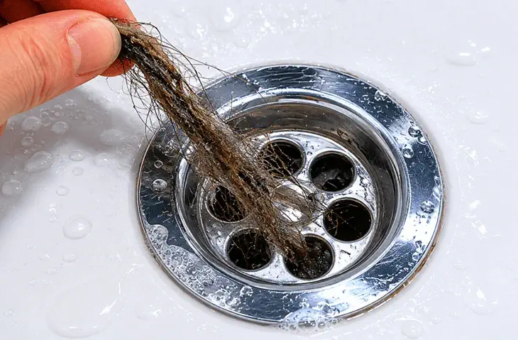 Bouchon de cheveux et savon dans le lavabo